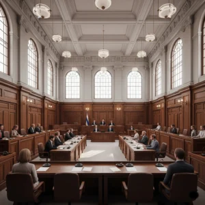 Yüksek tavanlı, büyük pencereli ve ahşap panelli görkemli bir mahkeme salonunda gerçekleşen resmi bir duruşma veya hukuki toplantı.