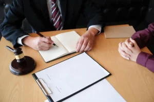 Bir hukuk profesyonelinin (avukatın), müvekkiliyle yaptığı görüşme sırasında not defterine bilgi aldığı, masada yargıç tokmağı bulunan yakın çekim.