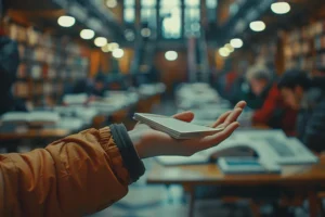 Kütüphanede elinde notlarla intihal üzerine araştırma yapan öğrenci.