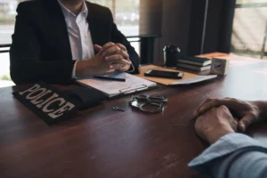 Bir hukuk profesyonelinin (avukatın) polis karakolunda veya ofisinde, "POLICE" kol bandı ve kelepçeler eşliğinde bir müvekkile hukuki danışmanlık verdiği an.