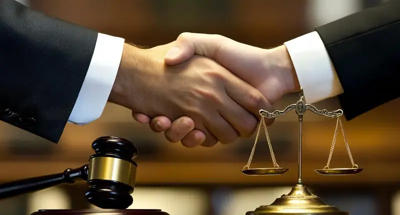 Hukuki süreçlerin sonunda uzlaşmayı ve çözüm odaklı yaklaşımı simgeleyen, el sıkışan ellerin ve adalet sembollerinin olduğu görsel.