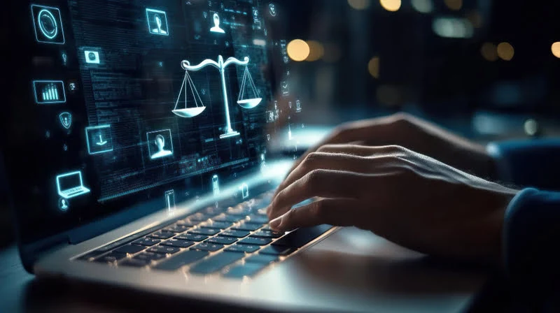 Modern hukuk hizmetleri ve online danışmanlık süreçlerini temsil eden, siber güvenlik ve dijitalleşmenin vurgulandığı bir çalışma ortamı.