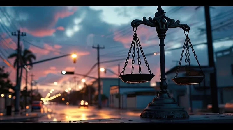 Adalet terazisi ve gün batımında şehir manzarası