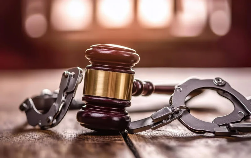 Suçlama ve yargılama konularında hukuki yardım ve danışmanlık hizmetlerini anlatan, adalet sembolleriyle zenginleştirilmiş görsel.