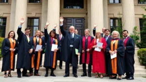 Mahkeme önünde zafer kazanan öğretim üyeleri grubu