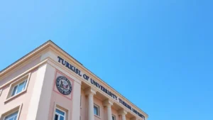 Tabelasında "Turkish University" yazan bir bina ve mavi gökyüzü.