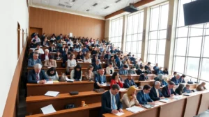 Üniversite sınav salonunda doçent adayları ve akademisyenler