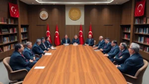 Üniversite rektörleri toplantı masasında görüşüyorlar.