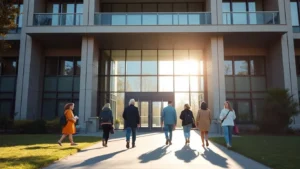 Üniversite kampüsünde yürüyen akademisyenler ve binalar.