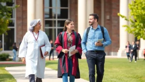 Profesör ve doçentlerin üniversite kampüsünde yürüdüğü görsel.