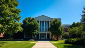 Üniversite kampüs binası ve yeşil alanlar.