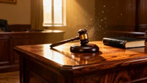 Mahkeme salonu, hakim tokmağı, hukuk kitabı.